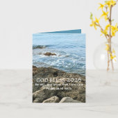 God Bless New Year 2026 Peaceful Blue Sea Photo Kaart (Gele Bloem)