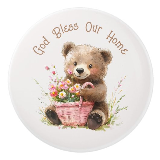 God Bless Our Home Cute Teddy Bear  Keramische Knop (Voorkant)