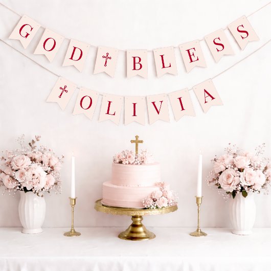 God Bless Roze & Rode 6 Letters Doop & Communie Vlaggetjes