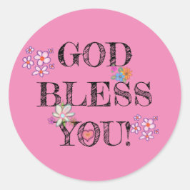 God Bless You Bloem Roze Ronde Sticker