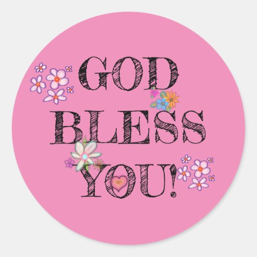 God Bless You Bloem Roze  Ronde Sticker (Voorkant)