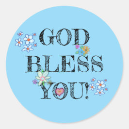 God Bless You Bloemig Blauw Ronde Sticker