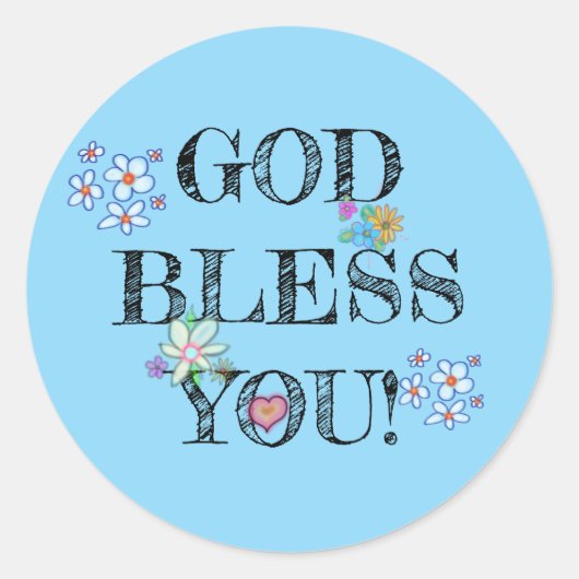 God Bless You Bloemig Blauw Ronde Sticker (Voorkant)