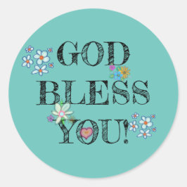 God Bless You Turquoise Bloemen Ronde Sticker