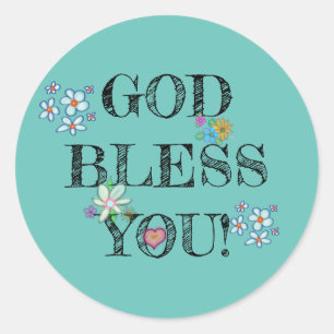God Bless You Turquoise Bloemen  Ronde Sticker