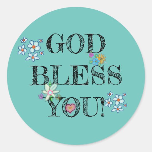 God Bless You Turquoise Bloemen Ronde Sticker (Voorkant)
