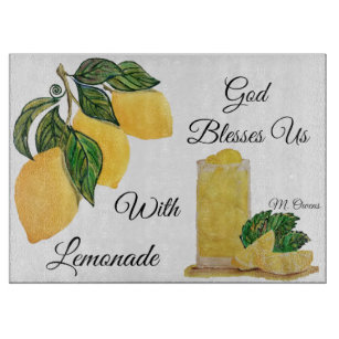 God geeft ons de schuld met limonade glazen strips snijplank