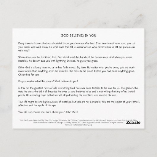 God gelooft in jou (SJNS) Briefkaart (Achterkant)