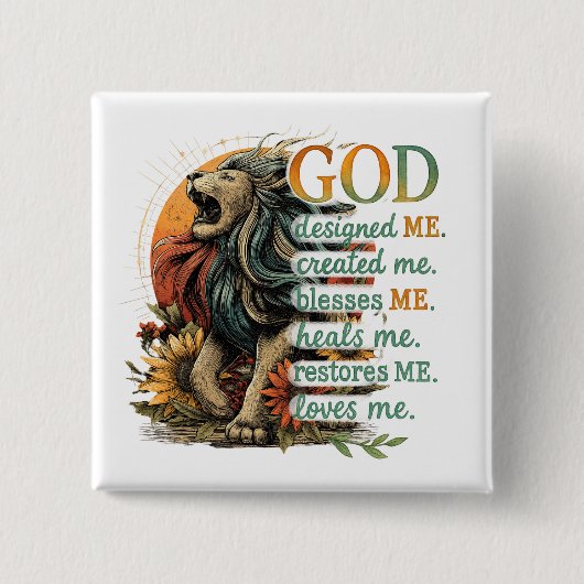 God heeft mij ontworpen... vierkante button 5,1 cm (Voorkant)