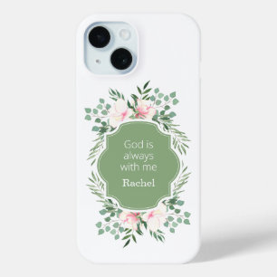 God is altijd bij mij met groene bloemen iPhone 15 case