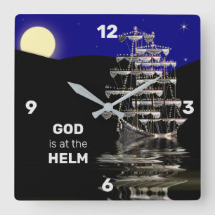 GOD IS BIJ DE HELM SHIP CLOCK, CHRISTELIJK VIERKANTE KLOK