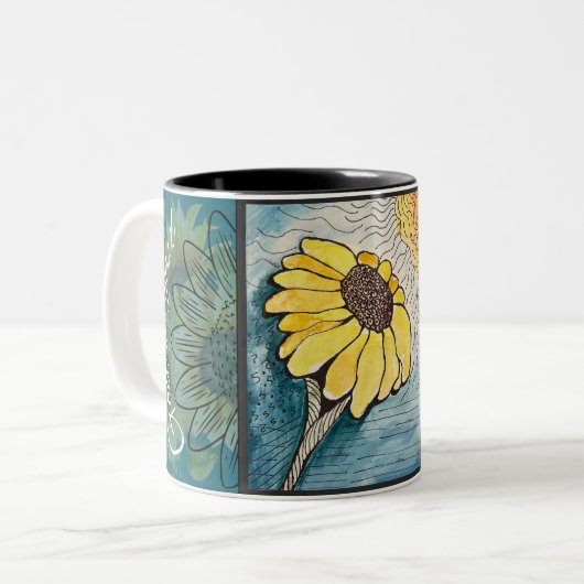 God is Goede Zonnebloem en Zonneschijn Tweekleurige Koffiemok (Voorkant links)