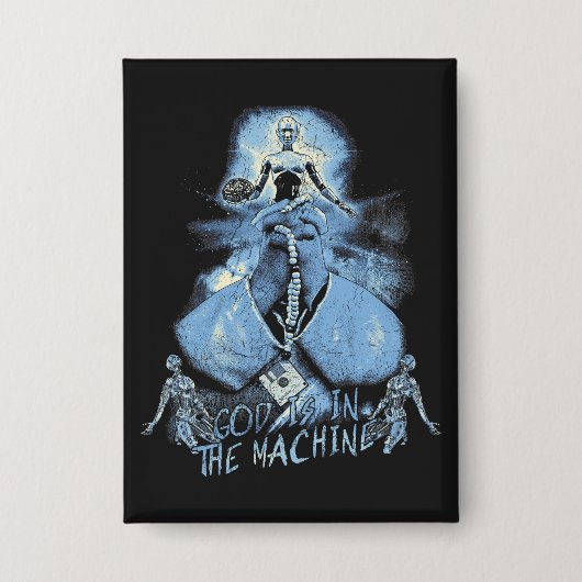 God is in de machine - Techno-Dystopian Design Button (Voorkant)