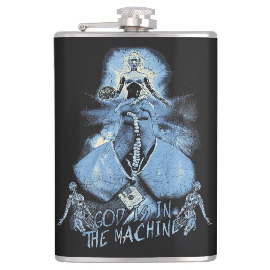 God is in de machine - Techno-Dystopian Design Heupfles (Voorkant)