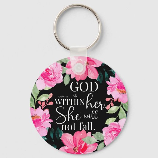 God is in haar - Psalm 46:5 Roze Bloem Sleutelhanger (Voorkant)