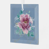 God is liefde Bijbelvers Blauw Bloemen Christelijk Glas Ornament (Voorkant links)