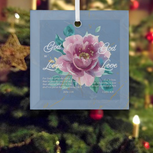 God is liefde Bijbelvers Blauw Bloemen Christelijk Glas Ornament