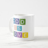 God is liefde kleurrijke blokken koffiemok (Voorkant links)