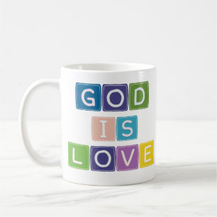 God is liefde kleurrijke blokken koffiemok