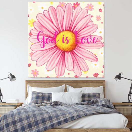 God is Liefde Kleurrijke Zonnebloem Bijbelcitaat Canvas Afdruk (Insitu (Slaapkamer))