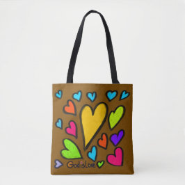 God is liefde met de bruine harten tote bag