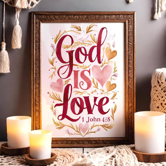 God is Liefde Roze en Gouden Christelijke Muurkuns Poster