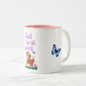 God is liefde tweekleurige koffiemok (Voorkant rechts)