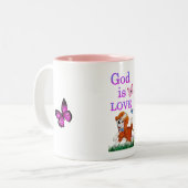 God is liefde tweekleurige koffiemok (Voorkant links)