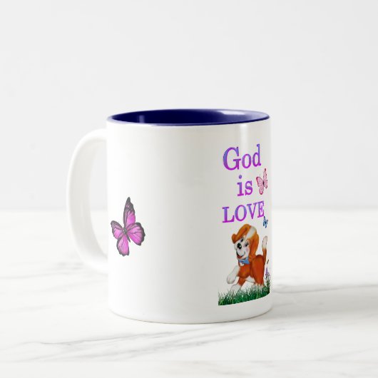 God is liefde tweekleurige koffiemok (Voorkant links)