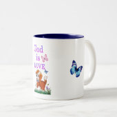 God is liefde tweekleurige koffiemok (Voorkant rechts)