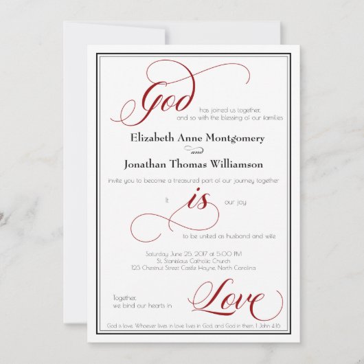 God is Love Graceful Red Script Weduwen Invitation Kaart (Voorkant)