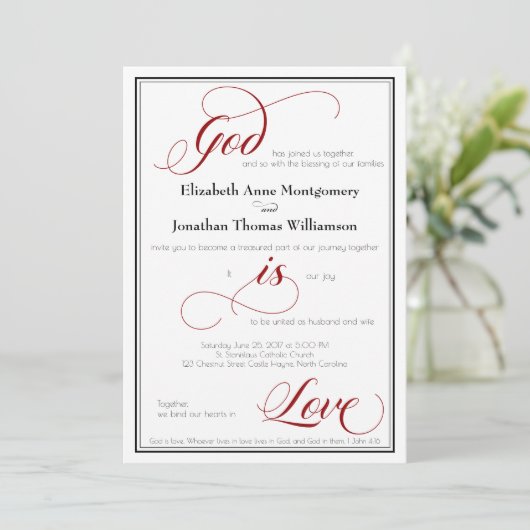 God is Love Graceful Red Script Weduwen Invitation Kaart (Staand voorkant)