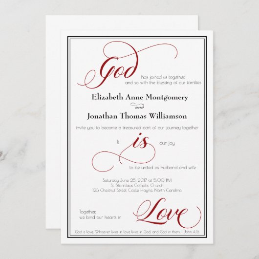 God is Love Graceful Red Script Weduwen Invitation Kaart (Voorkant / Achterkant)