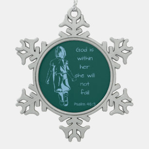 God is met haar, zij zal niet falen in het citaat tin sneeuwvlok ornament