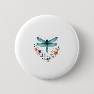 God is mijn kracht Bloemendragonfly Christelijk T- Ronde Button 5,7 Cm