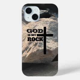 God is Mijn Rots Bijbeltekst Zwarte Kruis Christel iPhone 15 Case