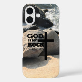God is Mijn Rots Bijbelvers Zwarte Kruis Christeli iPhone 16 Hoesje