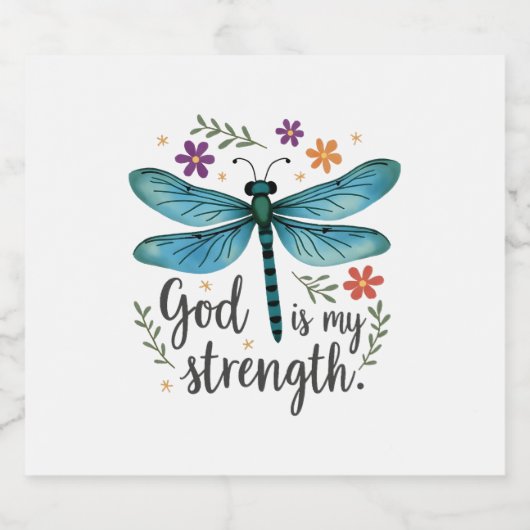 God is my strength Floral Dragonfly Christian T-Sh Sparkling Wijnetiket (Enkel label)