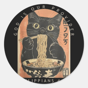 God is Voedselverstrekker Funny Cat Eet Ramen Japa Ronde Sticker