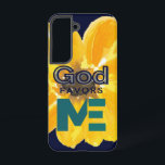 God is voor mij samsung galaxy hoesje<br><div class="desc">Een prachtig grafisch ontwerp,  een waterverf gele bloemachtergrond met de woorden "GOD FAVORS ME" - allemaal tegen een donkere blauw achtergrond.</div>