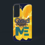 God is voor mij samsung galaxy hoesje<br><div class="desc">Een prachtig grafisch ontwerp,  een waterverf gele bloemachtergrond met de woorden "GOD FAVORS ME" - allemaal tegen een donkere blauw achtergrond.</div>