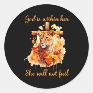 God Is Within Her Ze Zal Niet Falen Leeuwin Kruis  Ronde Sticker
