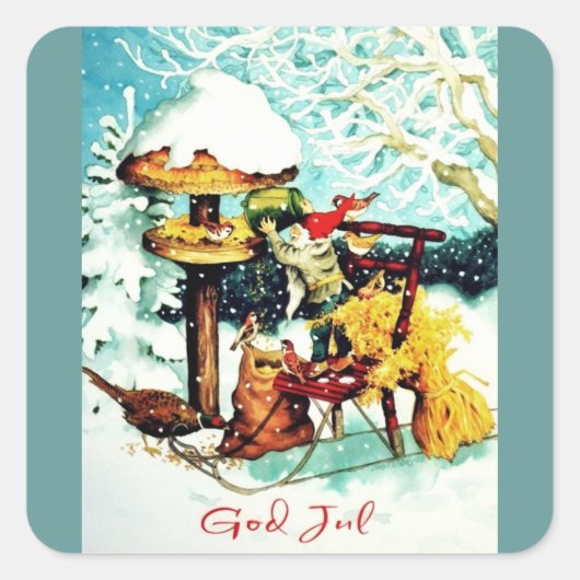 "God jul!" Nisse Feeds Little Birds Vierkante Sticker (Voorkant)