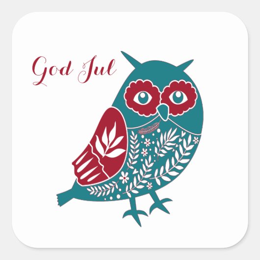 God jul Scandinavian Blue en Red Owl Vierkante Sticker (Voorkant)