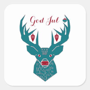 God jul Scandinavian Blue en Red Reindeer Vierkante Sticker