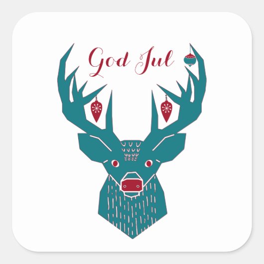 God jul Scandinavian Blue en Red Reindeer Vierkante Sticker (Voorkant)