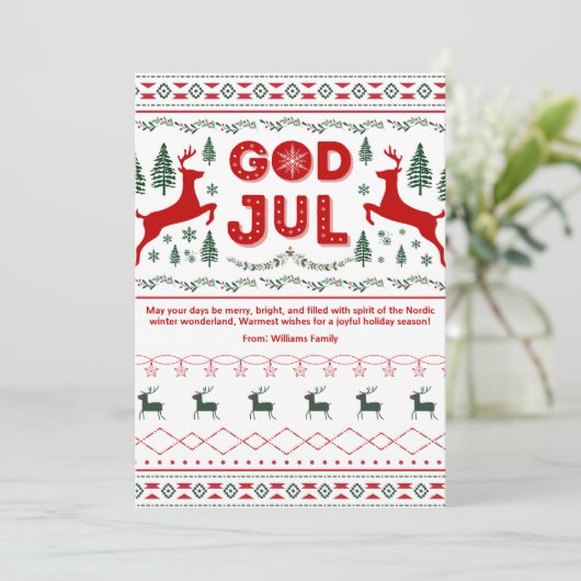 God Jul Scandinavisch Patroon Kerstmis Groet Feestdagenkaart (Staand voorkant)