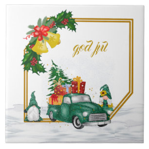 God jul Swedish Gnomen Green Couple Ceramic Tile Tegeltje