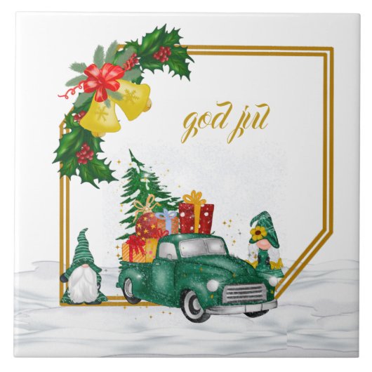 God jul Swedish Gnomen Green Couple Ceramic Tile Tegeltje (Voorkant)