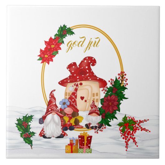 God jul Zweedse Rode familie Gnomes Tegeltje (Voorkant)